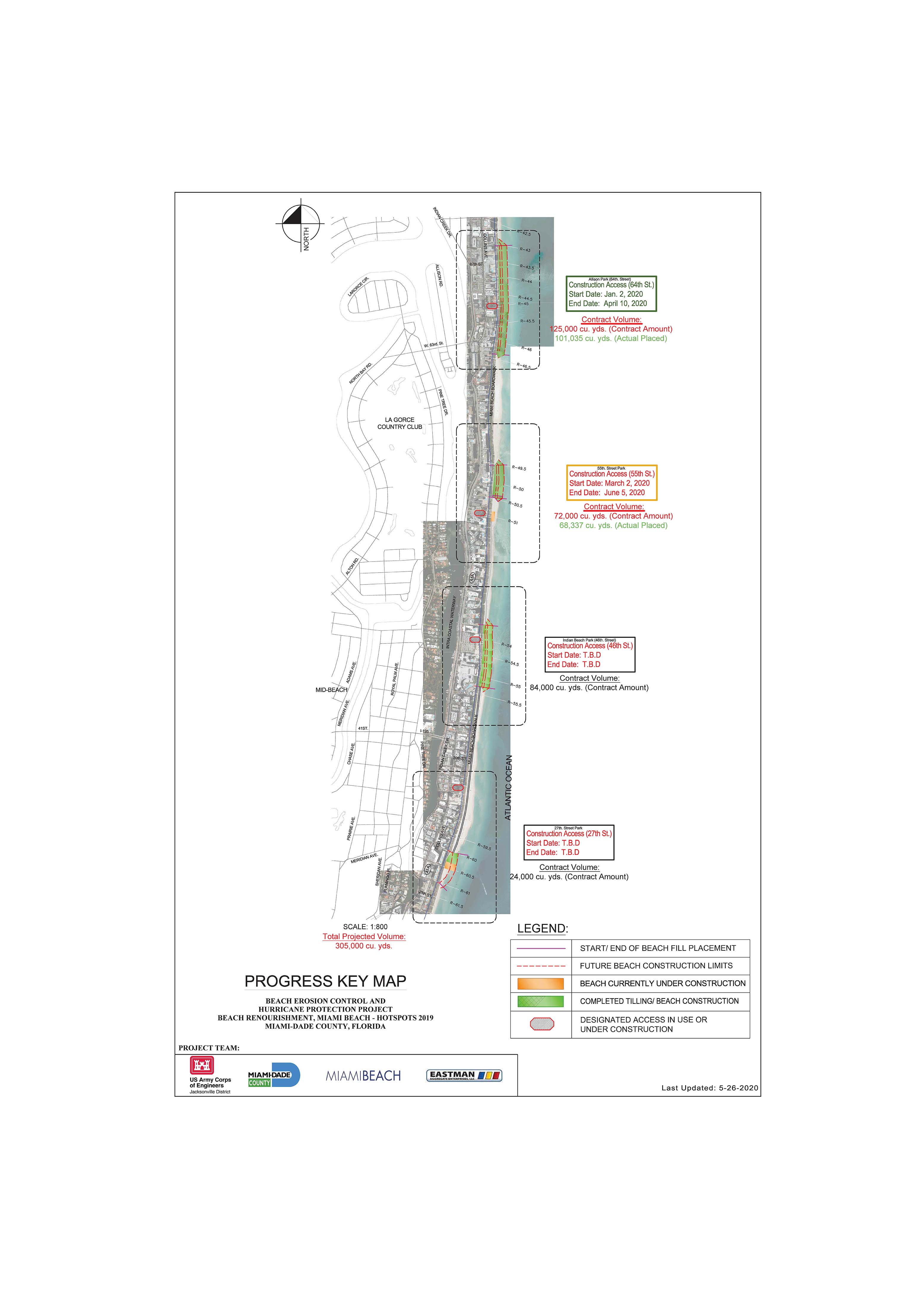 Overall Project Map showing Allison Park reach that ended April 10, 56th Street reach that is scheduled to end May 29, and the Indian Beach Park and 27th Street Park which have not started nor do they have an end date.